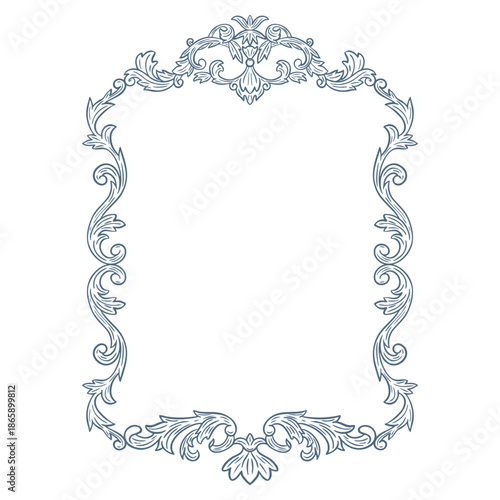 Elegant floral Baroque frames in blue tones. Hand-drawn minimalist line art vector design with elegantand royal ornaments . Perfect for invitations, wedding monogram, logos, and classic prints