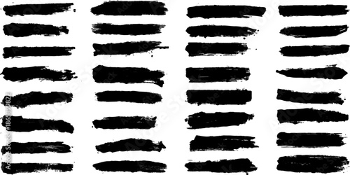 Vintage collection of black and white ink paint brush strokes and grunge splashes set featuring vector ribbon banners and decorative label design elements for blank frame templates