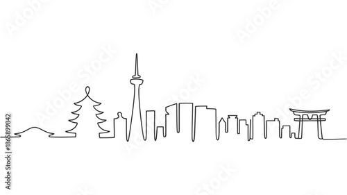 Black and white illustration of toronto city skyline with famous landmarks