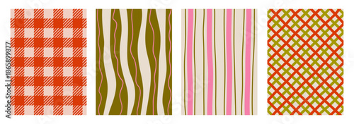 Elegant hand drawn background set with vintage line, check, wavy stripe. Whimsical doodle backdrop for wedding invitations, greeting cards, or christmas festive designs