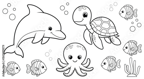Adorable cartoon illustration of a dolphin turtle octopus and fish swimming amongst bubbles a charming silhouette