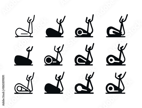 Elliptical Machine Icons. Elliptical machine. Icon set. Set Logo of elliptical machine: side profile of elliptical trainer. harmonious logo variations of the