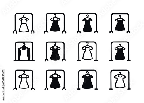 Clothing Icon Variations. Trying on clothes. Icon set. Set Logo of Trying on clothes: clothing rack. harmonious logo variations of the same emblematic concept,