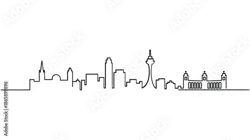 Black and white illustration of a city skyline with various buildings