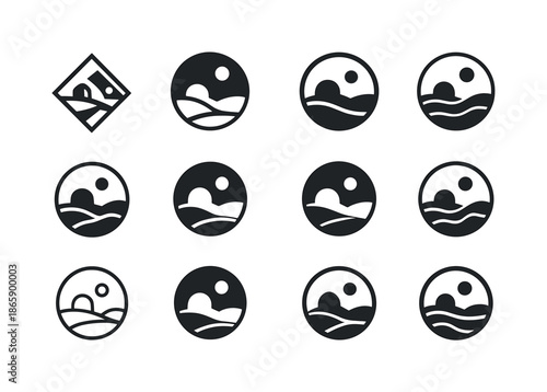 Martian Logo Variations. martian. Icon set. Set Logo of martian: Martian landscape. harmonious logo variations of the same emblematic concept, each with