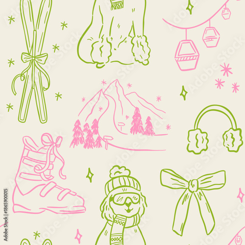 Hand drawn winter ski and apres ski seamless pattern in whimsical doodle style. Includes skiers, snowboard, clothing, equipment, cocktails and holiday elements. Cute line art, vintage background