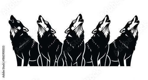 a group of five wolves howling at the moon depicted in a striking black and white silhouette
