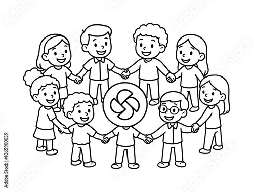 Team Unity Coloring Page. Unified team children?s coloring book illustration, outlined drawing, employees from two groups joining into one circle holding hands