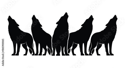 a group of five wolves standing closely together in a striking black shape silhouette high quality