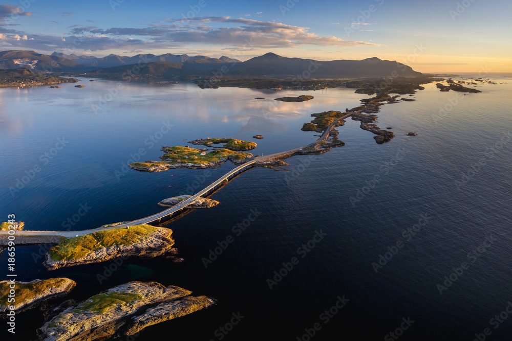 Obraz premium view of the Atlantic Ocean Road near Kristiansund in central Norway at sunset