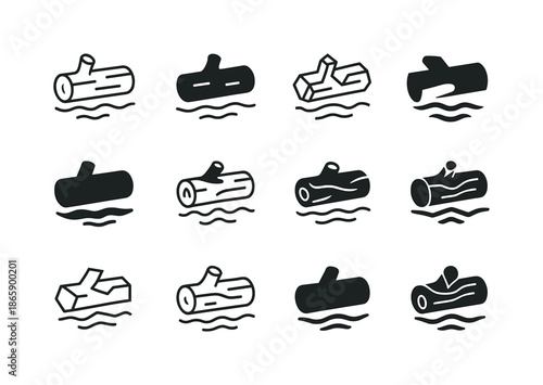Driftwood Icon Set. Driftwood. Icon set. Set Logo of driftwood: floating log form. harmonious logo variations of the same emblematic concept, each with