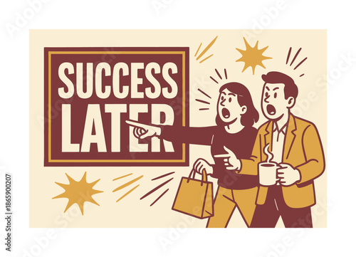 Bold Success Banner. Success later banner, flat vector illustration, bold oversized text inside rectangular frame, cartoon characters shouting and pointing