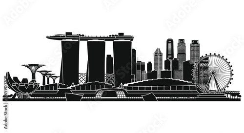A striking black and white skyline of singapore s iconic landmarks presented as a detailed silhouette