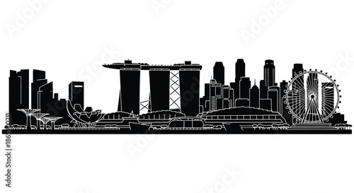 A striking black and white cityscape view of singapore s iconic landmarks in a bold silhouette