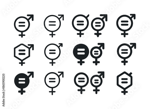 Gender Equality Icons. Gender equality. Icon set. Set Logo of Gender equality: equal sign. harmonious logo variations of the same emblematic concept, each with