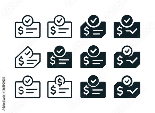 Bonus Check Icons. Bonus check. Icon set. Set Logo of bonus check: approved funds icon. harmonious logo variations of the same emblematic concept, each with