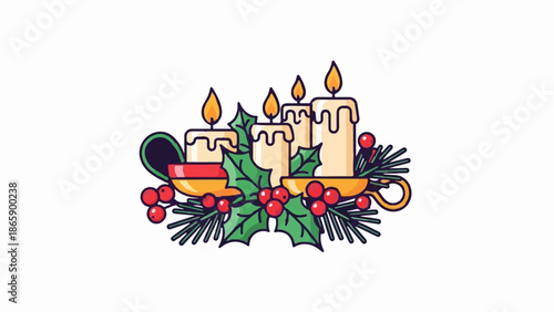 Festive candle arrangement with holly, berries, and pine