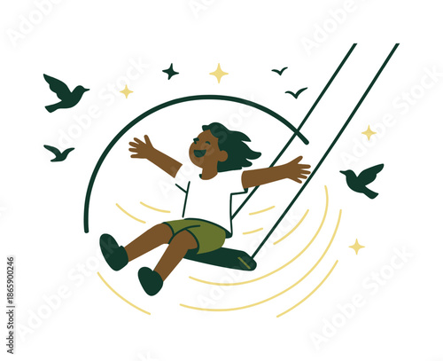 Swinging with Freedom. Flying high. Child reaching the peak of a swing with arms wide; birds and star icons surrounding the arc. Wind streaks emphasizing