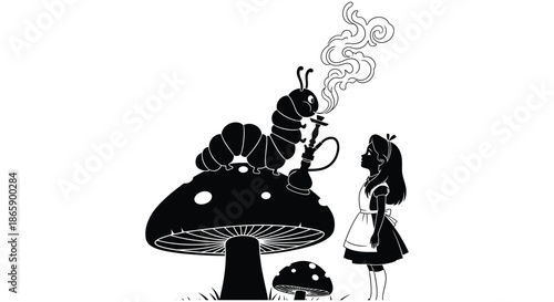 a whimsical scene depicting alice in wonderland with a smoking caterpillar perched on a large mushroom silhouette