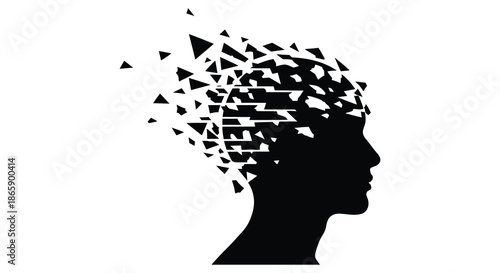 a striking image of a human head dissolving into fragmented shapes a powerful conceptual silhouette