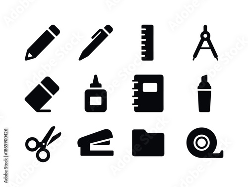 Black Stationery Icons. Stationery. Solid icon set of Stationery: pencil, pen, ruler, compass, eraser, glue bottle, notebook, marker, scissors, stapler,