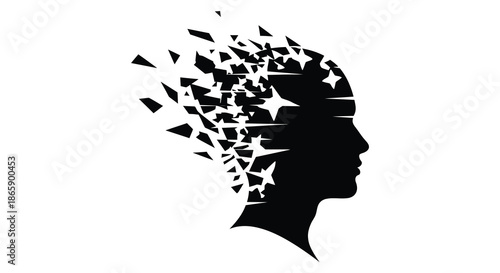 A striking visual representation of a human head dissolving into fragmented particles a captivating silhouette