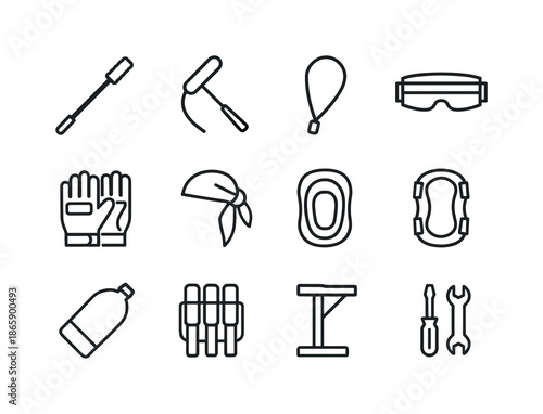 Paintball Gear Icons. Paintball accessories. Line icon set of Paintball accessories: barrel swab, squeegee, lanyard, goggle strap, gloves, bandana, elbow pads,