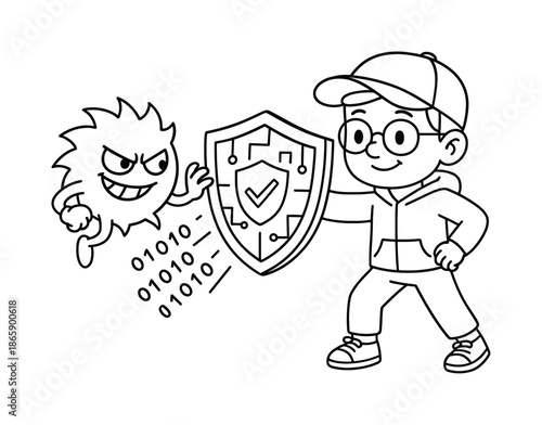 Hacker vs Virus Battle. Hacker and defender characters children?s coloring book illustration, outlined drawing, friendly white-hat hacker blocking a sneaky