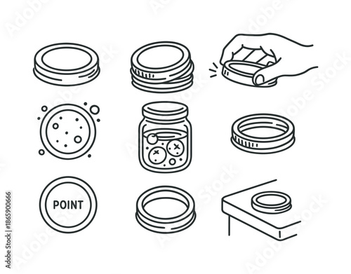 Mason Jar Lid Illustration. Mason jar lid. Hand-drawn doodle illustration Mason jar lid round cap, two-part lid, screw band, flat insert, airtight bubbles,