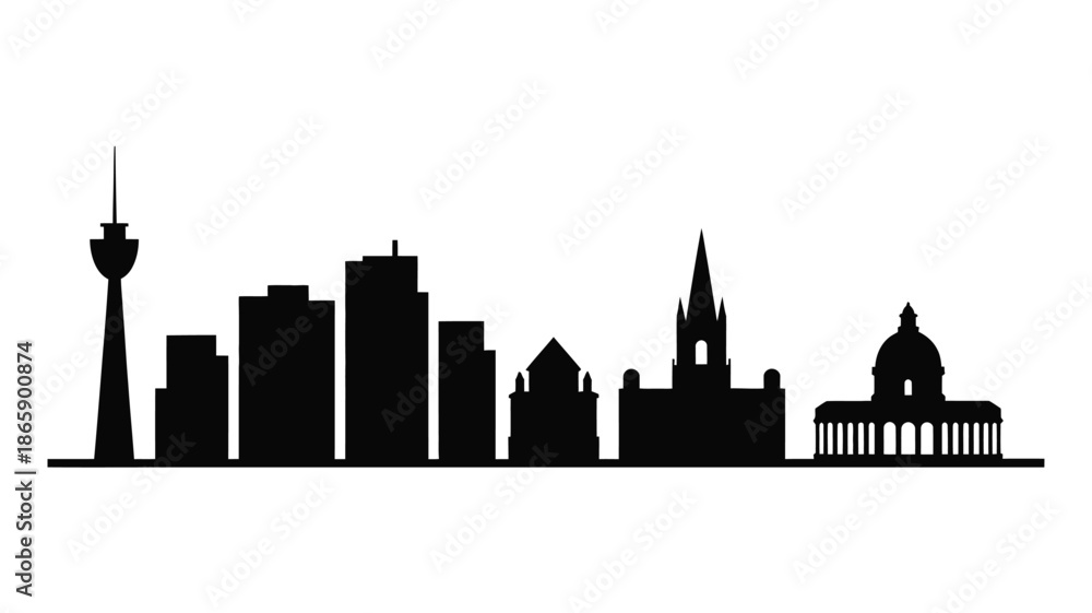 Obraz premium Black silhouette of a city skyline with various buildings and towers