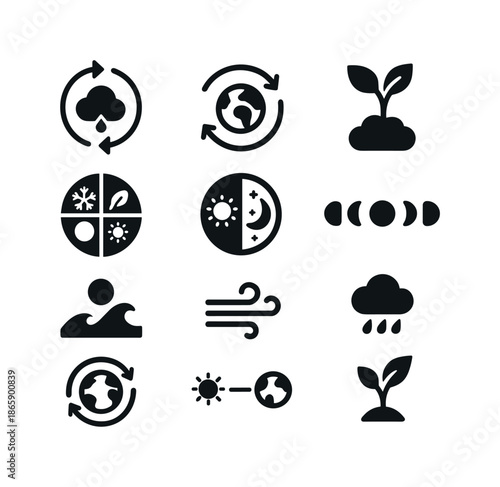 Earth Cycles Icons. Earth cycles. Solid icon set of Earth cycles: water cycle arrow, carbon cycle icon, nitrogen cycle symbol, seasons wheel, day-night icon,