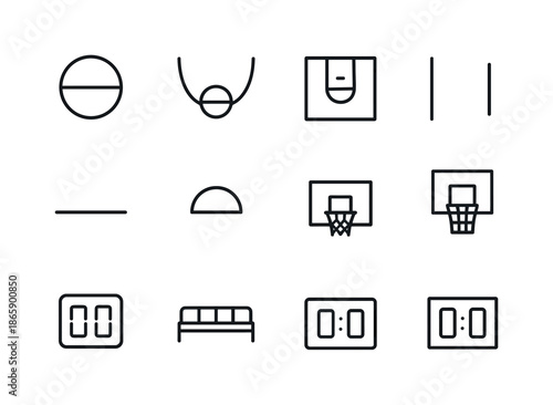 Basketball Court Icons. Basketball court elements. Line icon set of basketball court elements: center circle, three-point arc, free throw semicircle, key area,