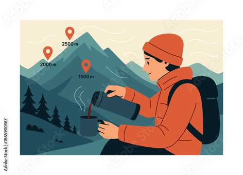 Mountain Pass Coffee Break. Mountain pass coffee break. Character pouring from a thermos while mountains loom in soft gradients; floating altitude icons.