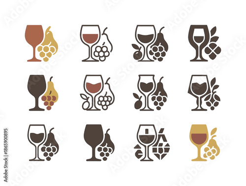 Food Celebration Icons. Celebration of food. Icon set. Set Logo of Celebration of food: wine and fruit. harmonious logo variations of the same emblematic