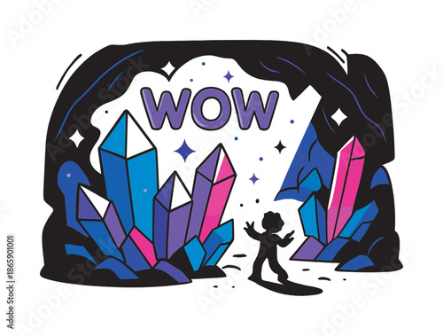 Crystal Cave Wonder. Crystal Cave Magic. A cave chamber sparkles with oversized glowing crystals in bold shapes, floating motes of light, and soft beams