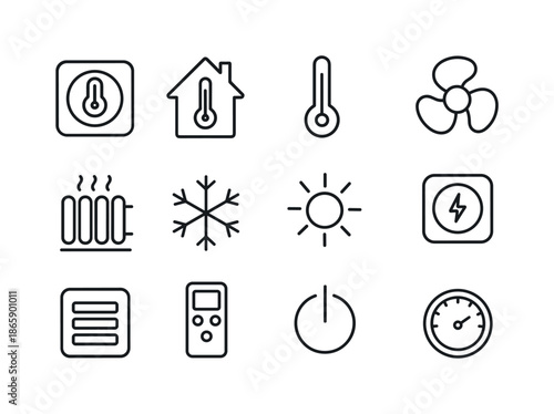 Home Temperature Icons. Home temperature control. Line icon set of Home temperature control: smart thermostat, house, thermometer, fan, radiator, snowflake,