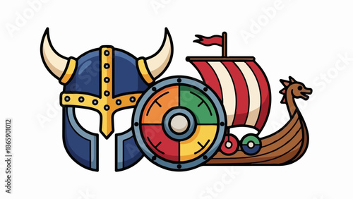 A cartoon viking helmet, shield, and longship with a dragon head