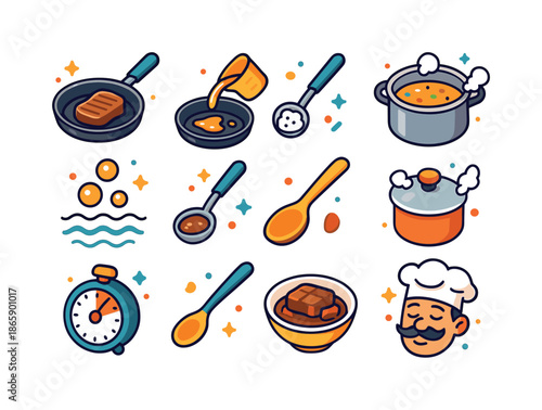 Braised Pork Icon Steps. Braised pork cooking steps. Colorful isometric vector icons set of Braised pork cooking steps: searing pork in pan, deglazing pan with