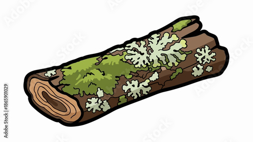 A cartoon-style illustration of a fallen tree trunk with moss and lichen