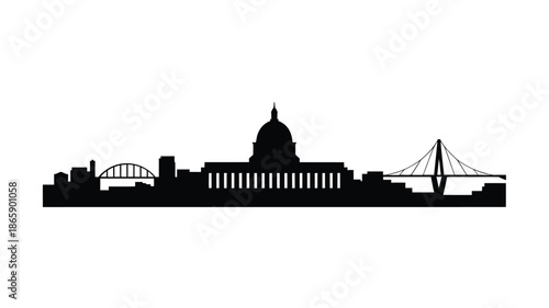 Black silhouette of a city skyline with iconic government buildings and bridges