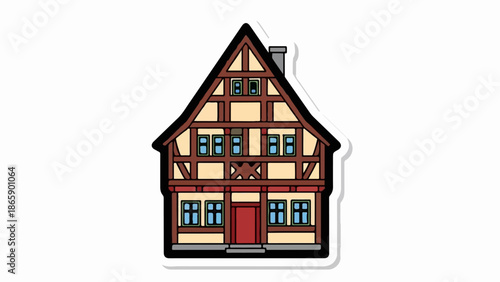 A charming half-timbered house with a red door, multiple windows, and a pitched roof