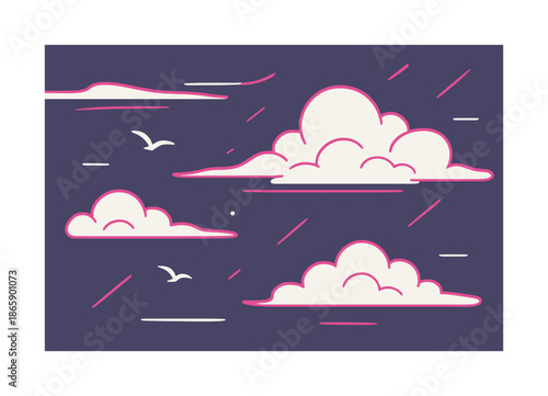 Colorful Cloud Serenity. Clouds in the sky ? floating tranquility. Thin, stretched clouds sweep across open sky; minimal birds and spark strokes add peaceful