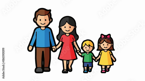 A cheerful cartoon family of four, including parents and two children, holding hands and walking forward