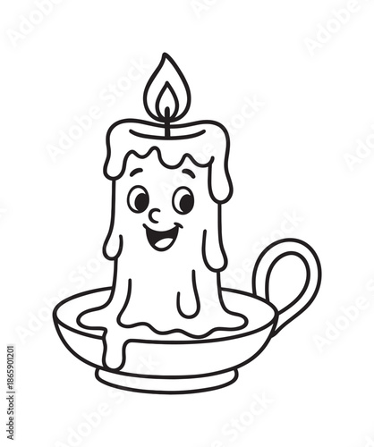 Cheerful Candle Coloring. Melting candle children?s coloring book illustration, outlined drawing, a cheerful candle dripping soft wax onto a simple holder,