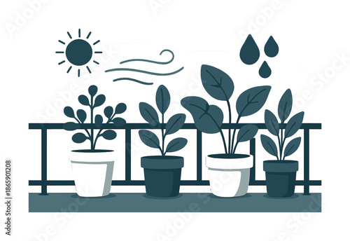 Balcony Plant Haven. Balcony green corner. Multiple pots arranged in a tidy row; wind lines drifting across leaves. Icons of sun and droplets