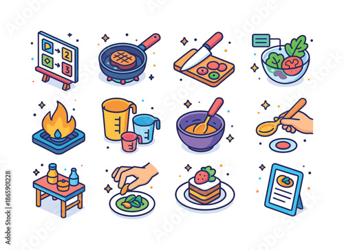 Colorful Cooking Icons. Cooking demonstrations. Colorful isometric vector icons set of cooking demonstrations: step-by-step board, pan close-up shot, knife
