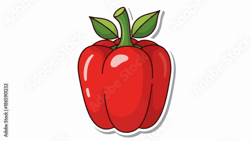A bright red bell pepper with green leaves and a stem, presented in a stylized illustration