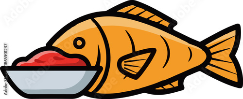 A bright orange cartoon fish is dipping its head into a bowl of red food, appearing to eat