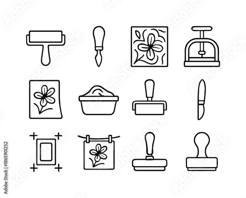 Printmaking Icon Set. Printmaking. Line icon set of printmaking: ink roller, carving tool, linoleum block, press wheel, print paper, ink tray, brayer, carving