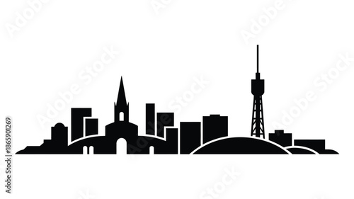 Black silhouette of a modern city skyline with tall buildings and towers